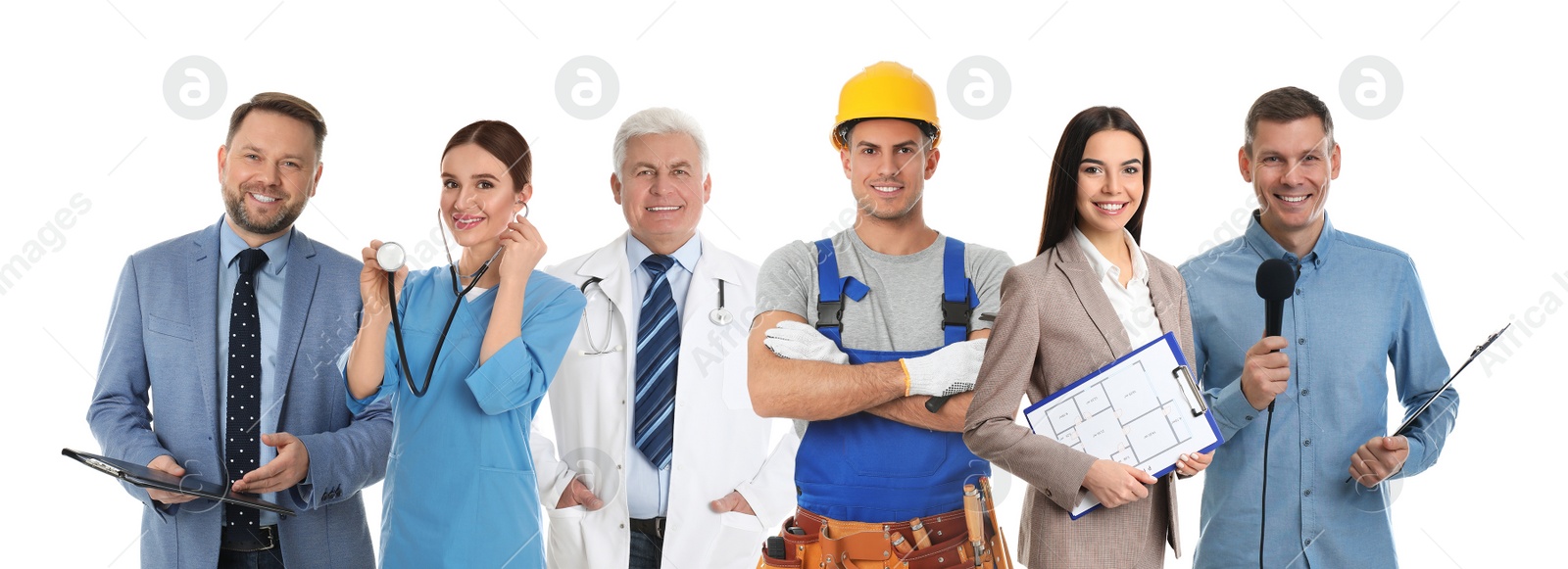 Image of Collage with people of different professions on white background. Banner design 