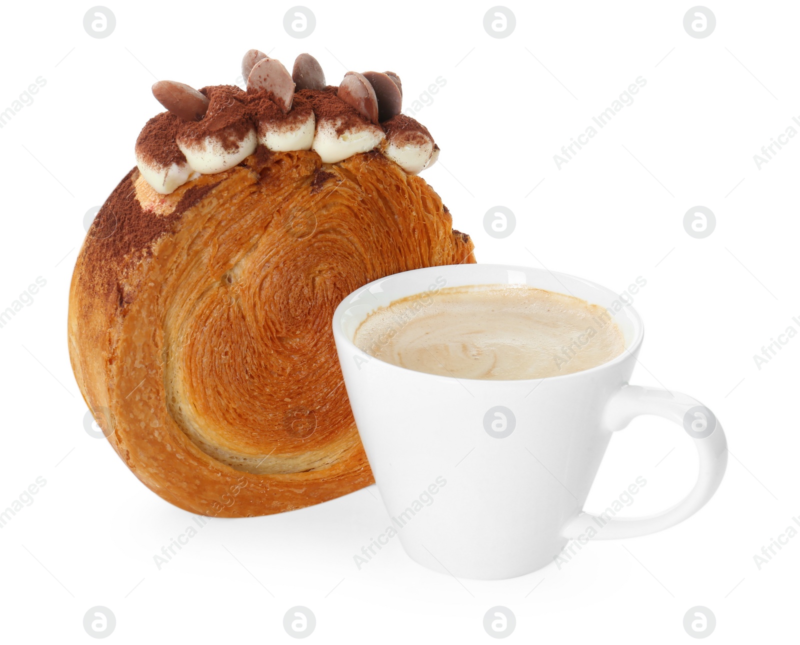 Photo of Round croissant with chocolate chips and cup of coffee isolated on white. Tasty puff pastry