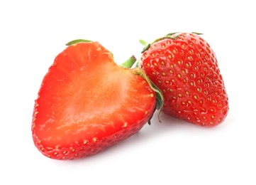 Photo of Ripe red strawberries on white background. Healthy snack