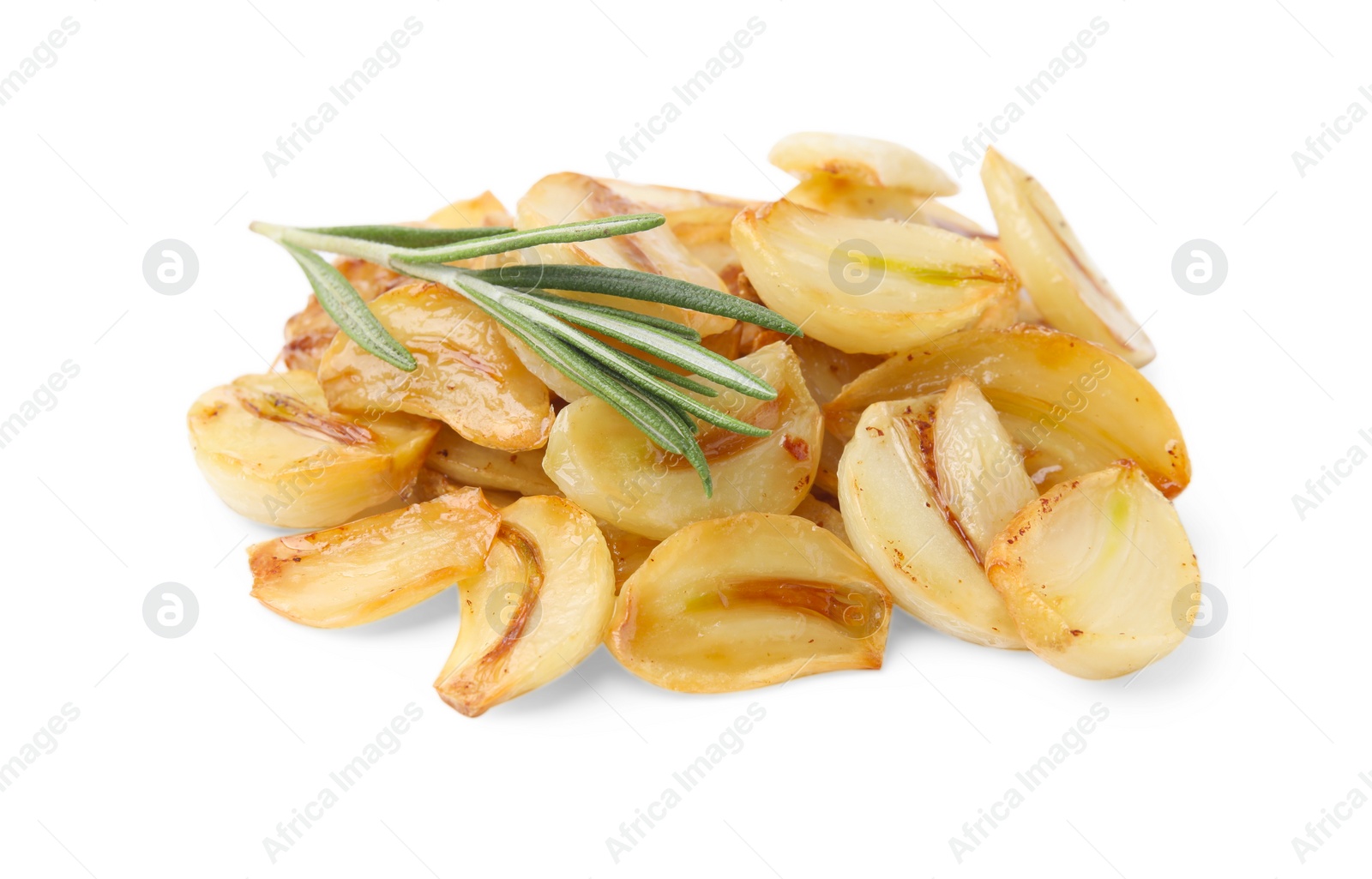 Photo of Pile of fried garlic cloves and rosemary isolated on white