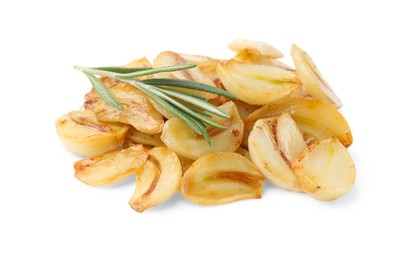 Photo of Pile of fried garlic cloves and rosemary isolated on white