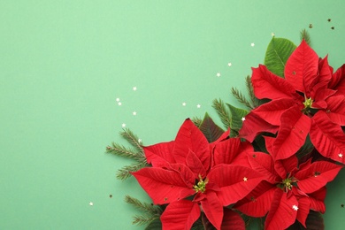 Photo of Beautiful poinsettias (traditional Christmas flowers) with fir branches and confetti on green background, flat lay. Space for text