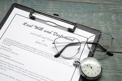 Last Will and Testament, pocket watch and glasses on rustic wooden table, closeup