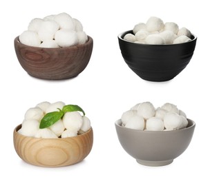 Set with tasty mozzarella on white background 