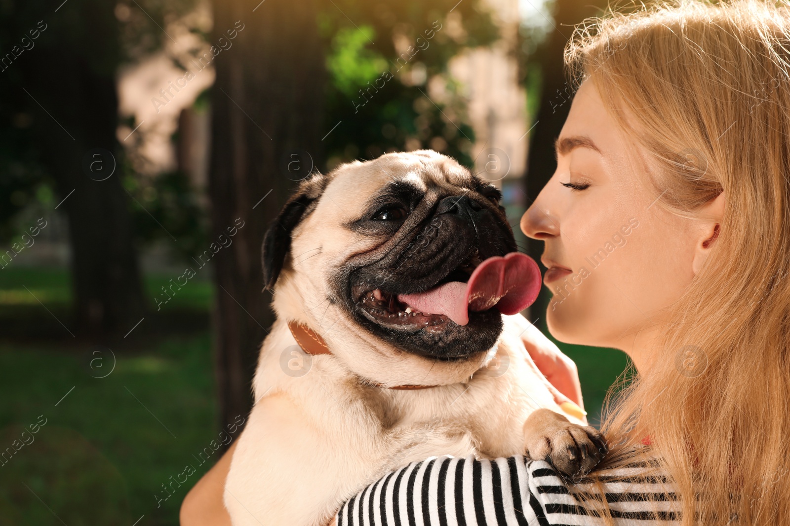 Photo of Woman with cute pug dog outdoors on sunny day. Animal adoption