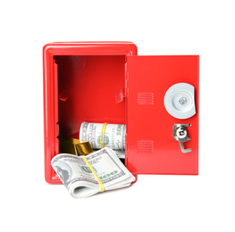 Photo of Open steel safe with money and gold bars isolated on white