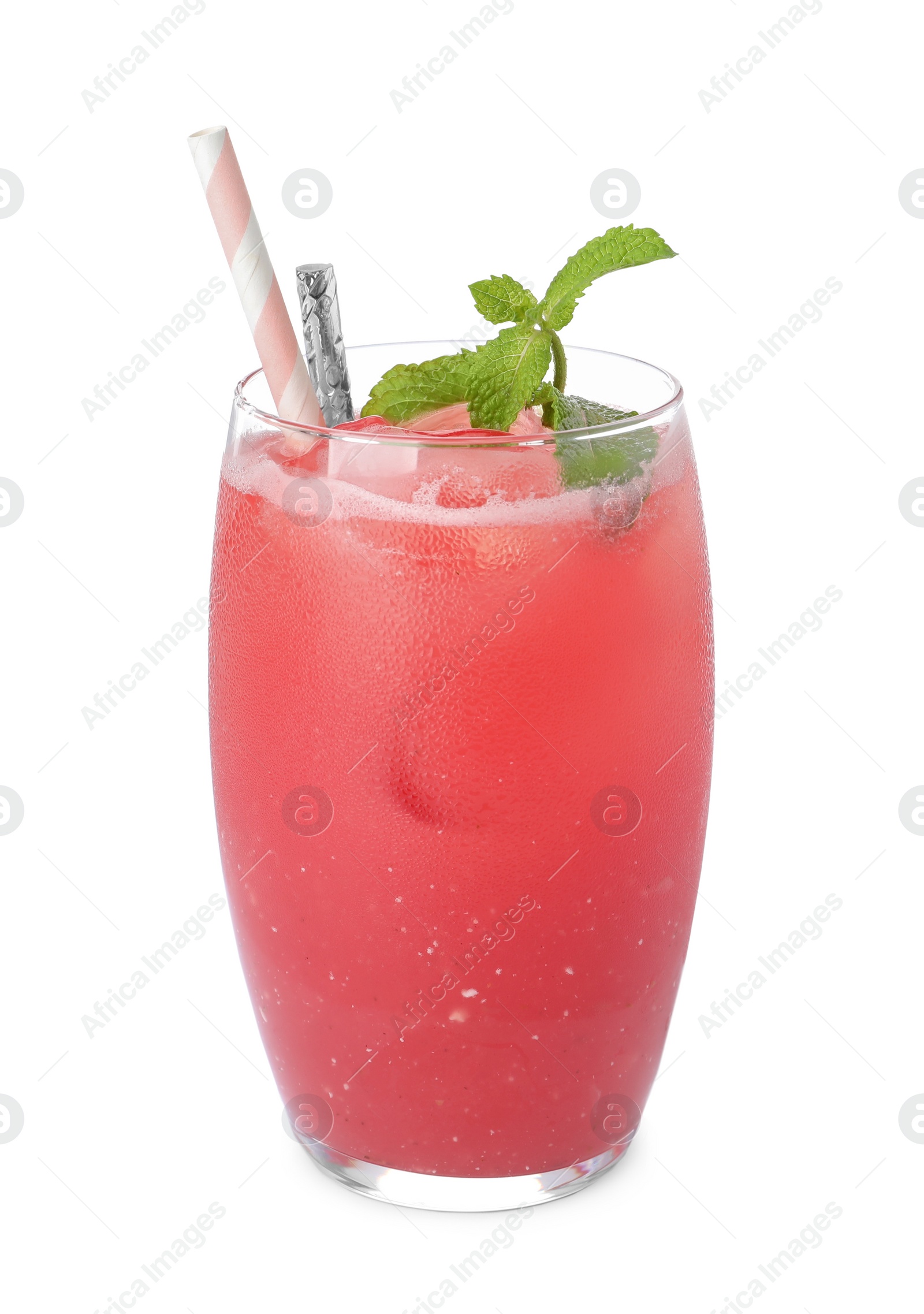 Photo of Tasty watermelon drink with mint in glass isolated on white