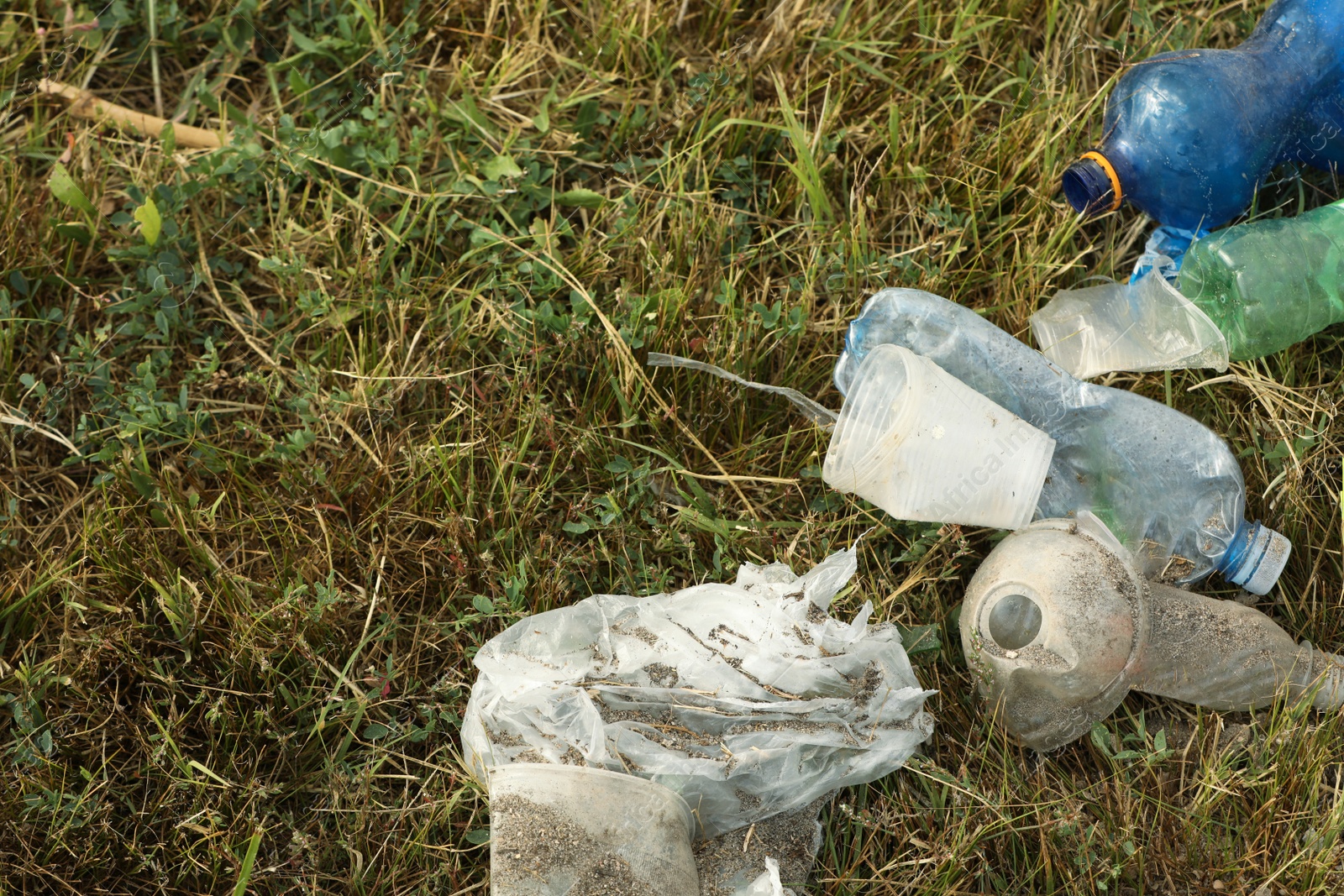 Photo of Garbage scattered on grass. Environment pollution problem