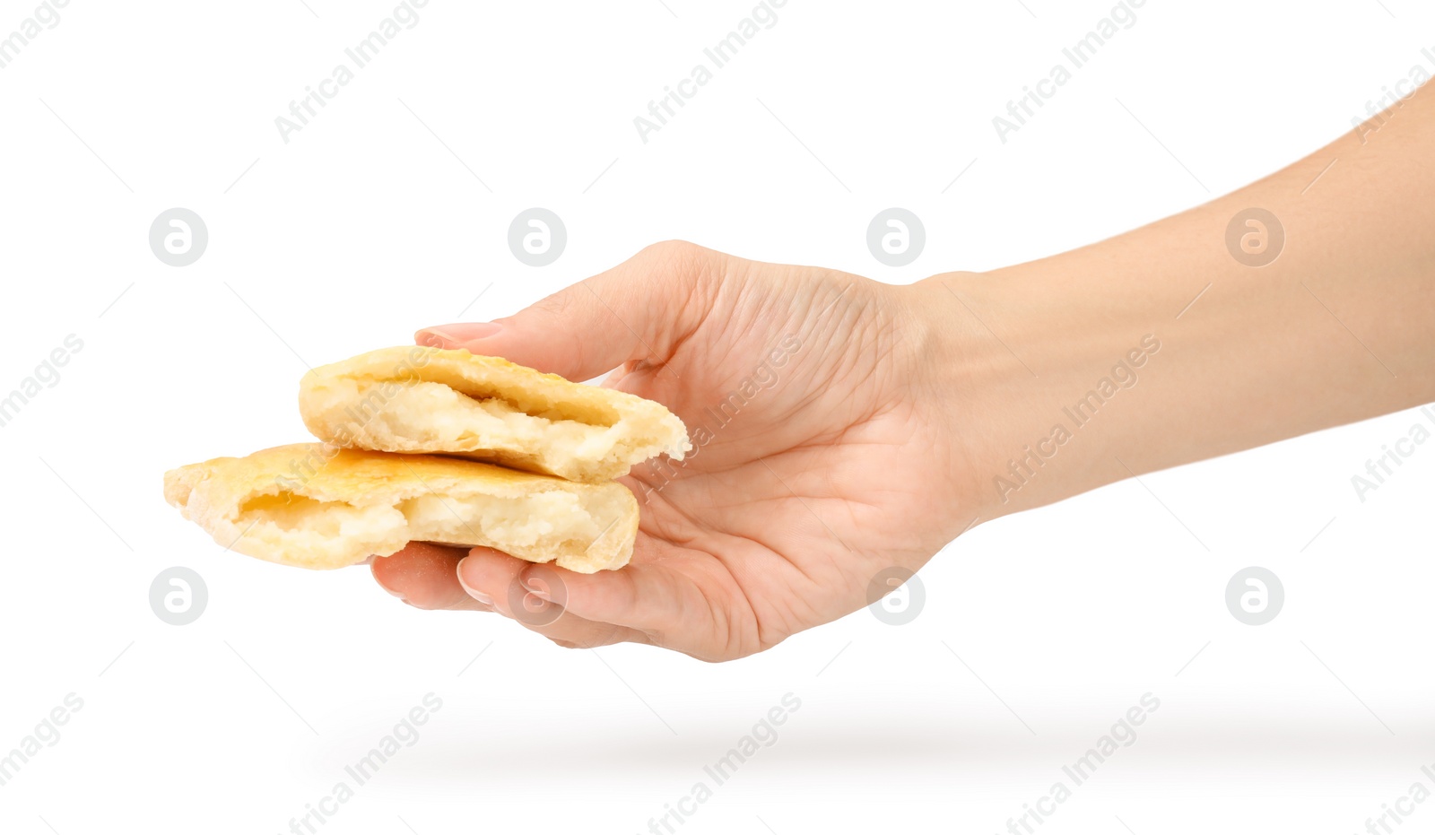 Photo of Woman holding delicious samosa on white background, closeup