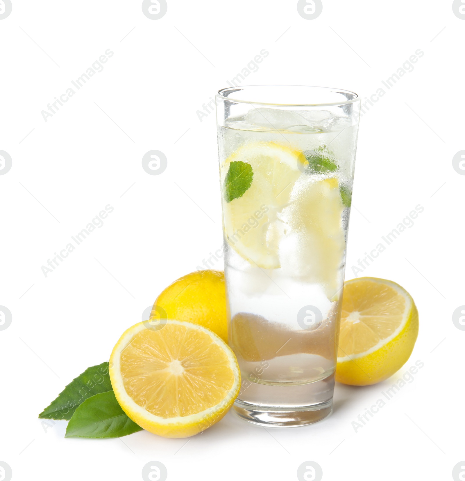 Photo of Cool freshly made lemonade and fruits on white background