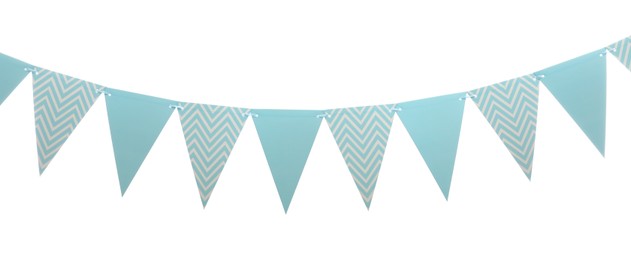 Photo of Triangular bunting flags on white background. Festive decor