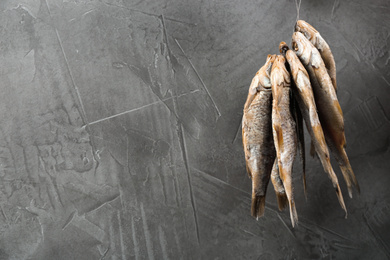 Photo of Dried fish hanging on rope against grey background, space for text