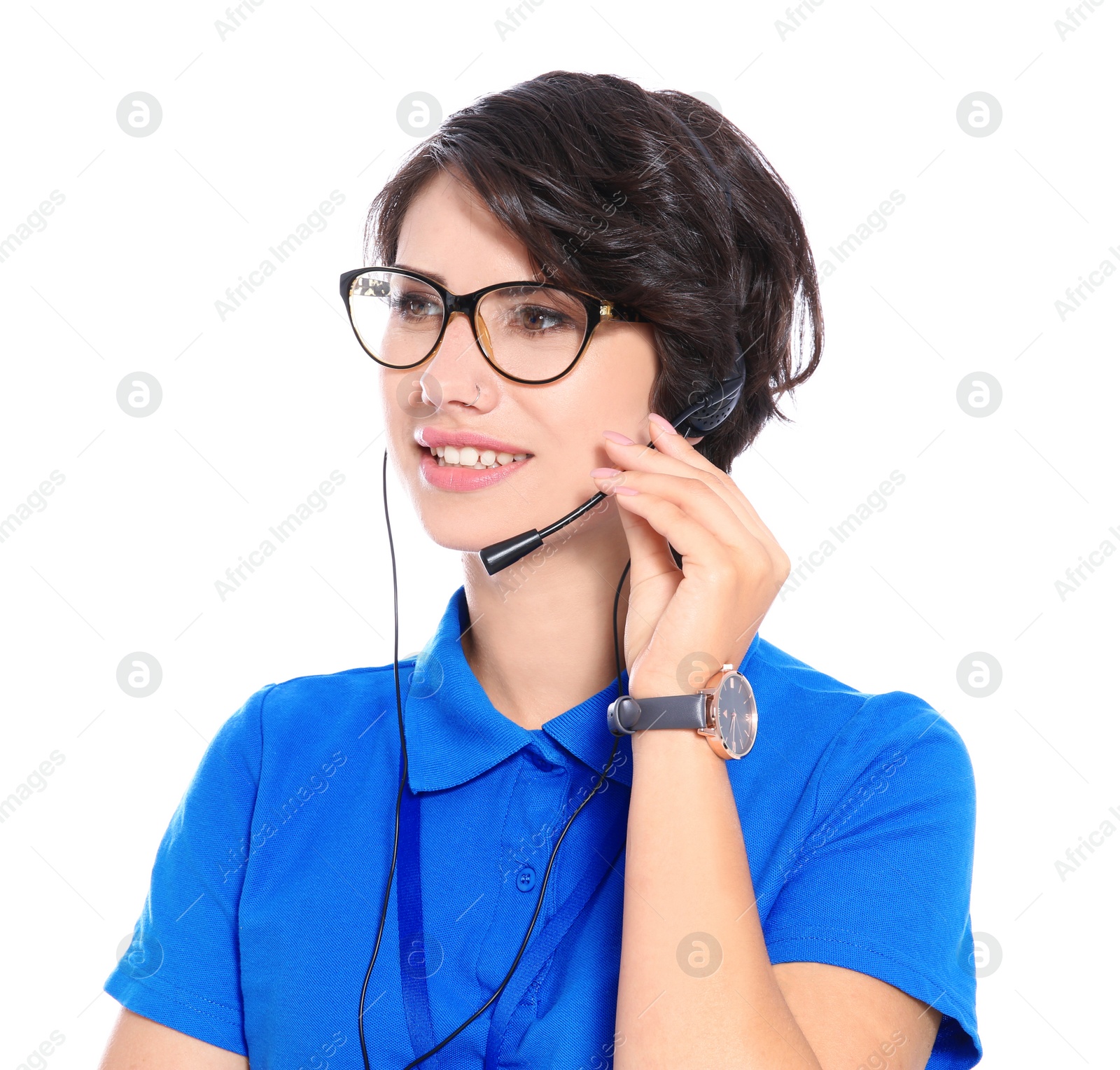 Photo of Female technical support operator with headset on white background