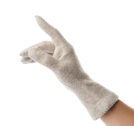 Woman wearing woolen glove on white background, closeup