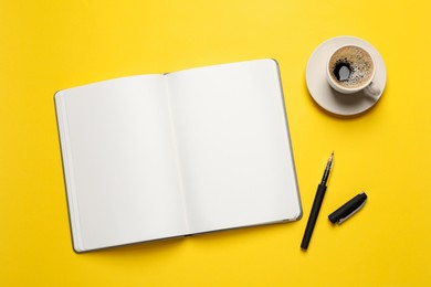 Photo of Flat lay composition with stylish notebook on yellow background