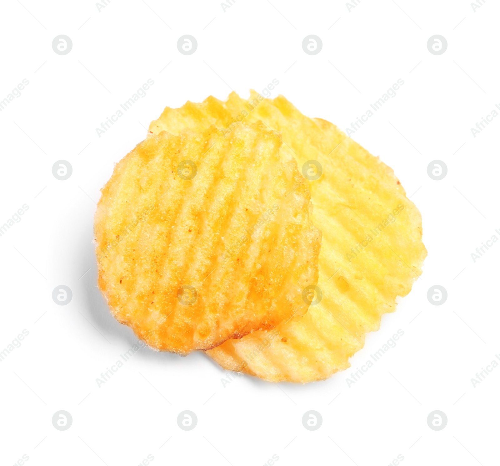 Photo of Tasty ridged potato chips on white background