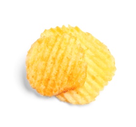 Tasty ridged potato chips on white background