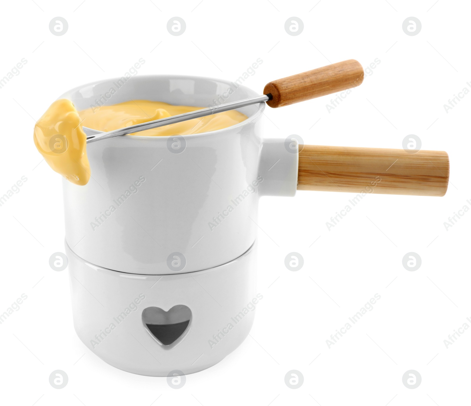 Photo of Pot of tasty cheese fondue and fork with bread isolated on white