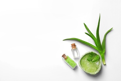 Photo of Flat lay composition with aloe vera on white background. Space for text