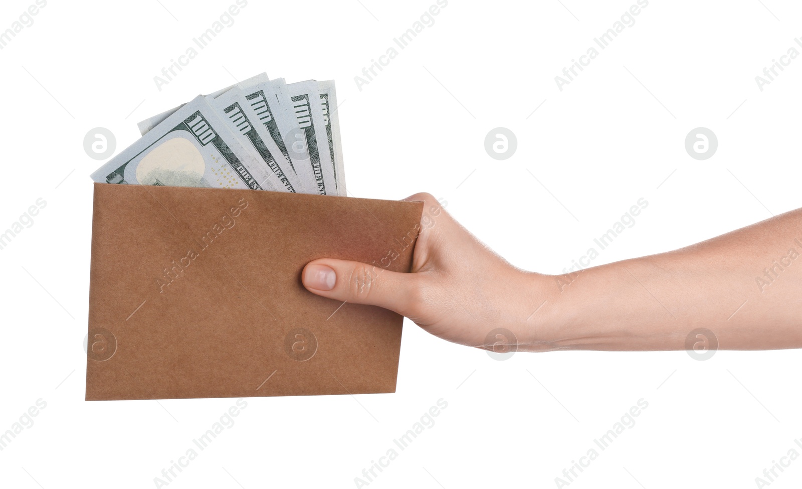 Photo of Money exchange. Woman holding envelope with dollar banknotes on white background, closeup