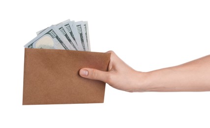 Money exchange. Woman holding envelope with dollar banknotes on white background, closeup