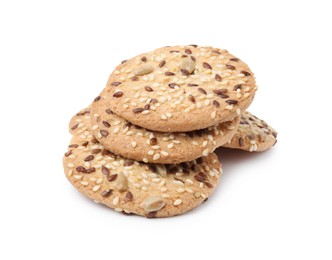 Photo of Round cereal crackers with flax, sunflower and sesame seeds isolated on white
