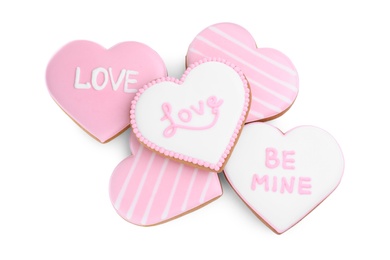 Photo of Delicious heart shaped cookies on white background, top view. Valentine's Day