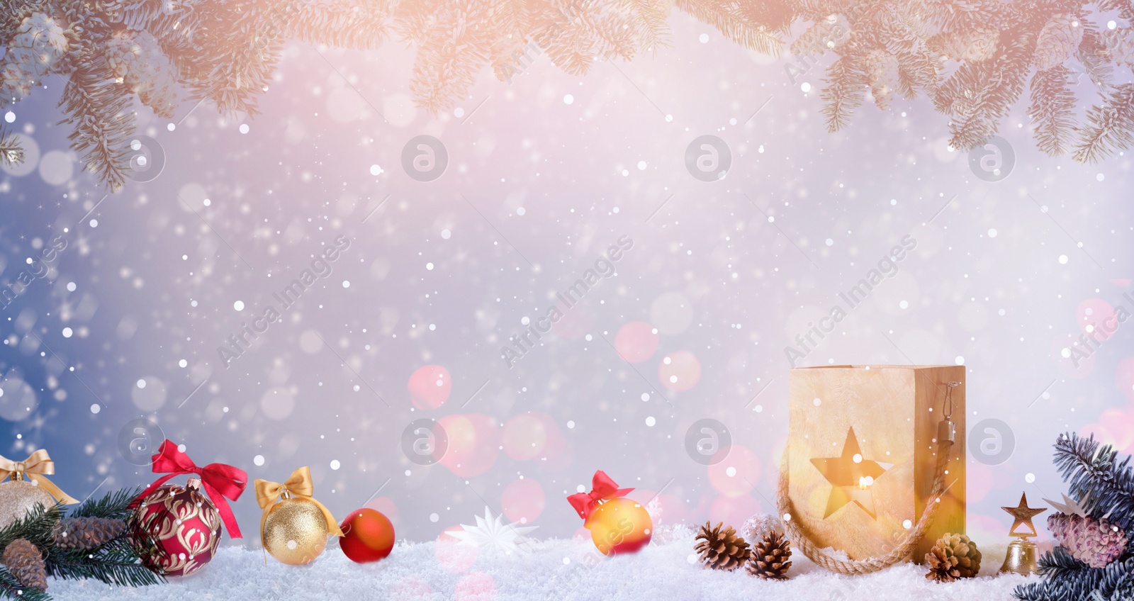 Image of Composition with wooden Christmas lantern on snow against color background, banner design. Bokeh effect