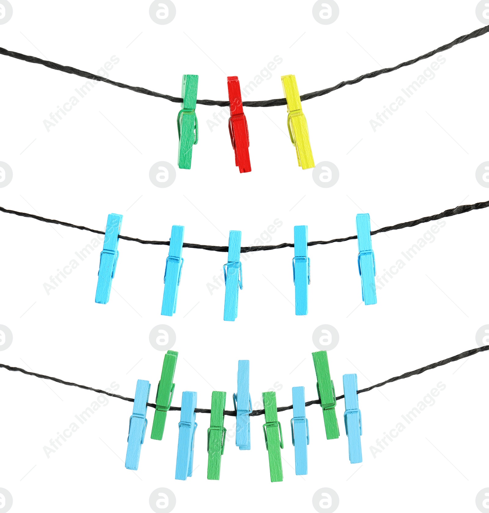 Image of Many colorful wooden clothespins on rope against white background, collage