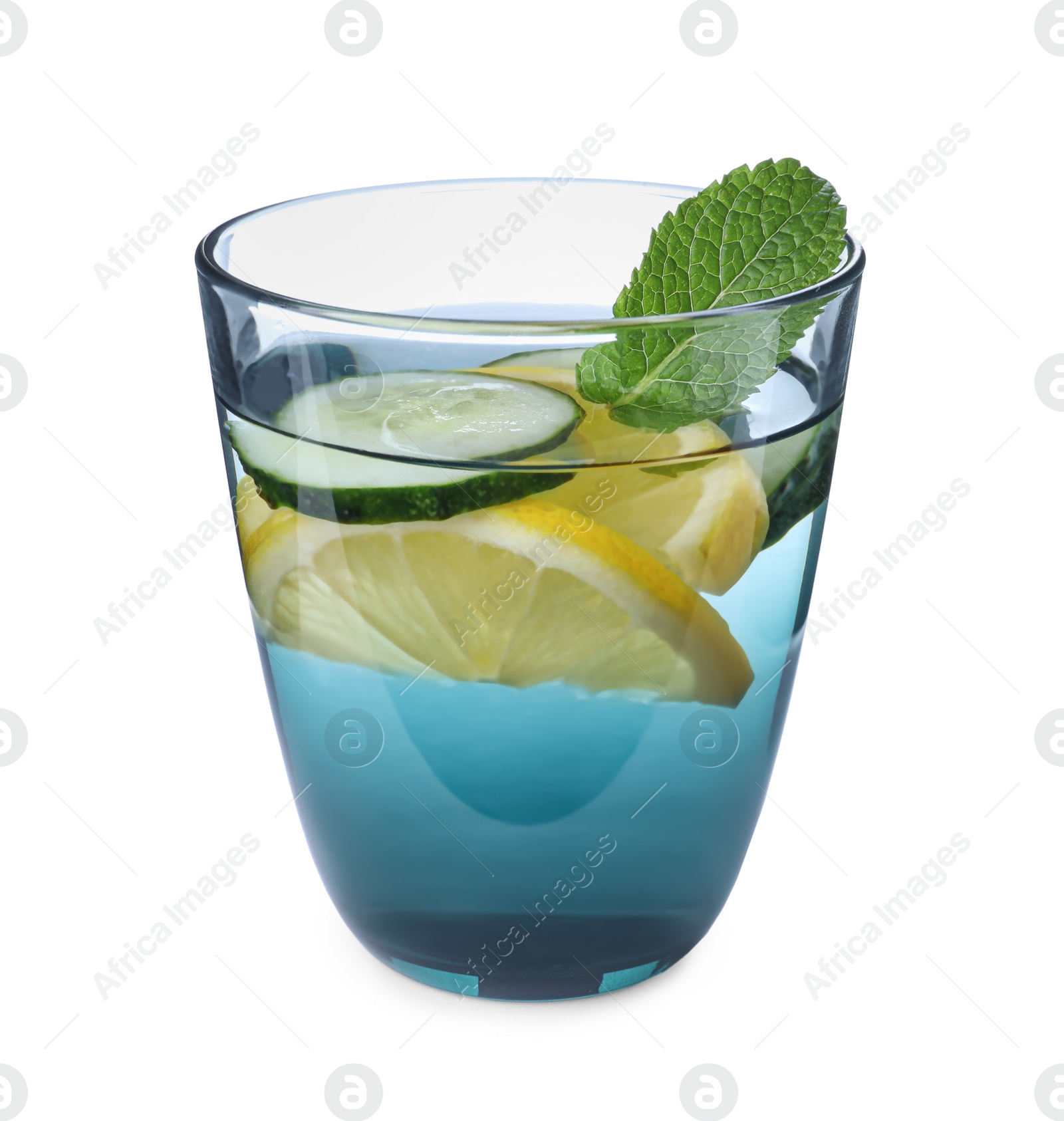 Photo of Refreshing water with cucumber, lemon and mint isolated on white