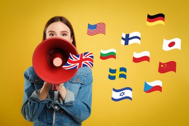 Image of Portrait of interpreter with megaphone and flags of different countries on yellow background
