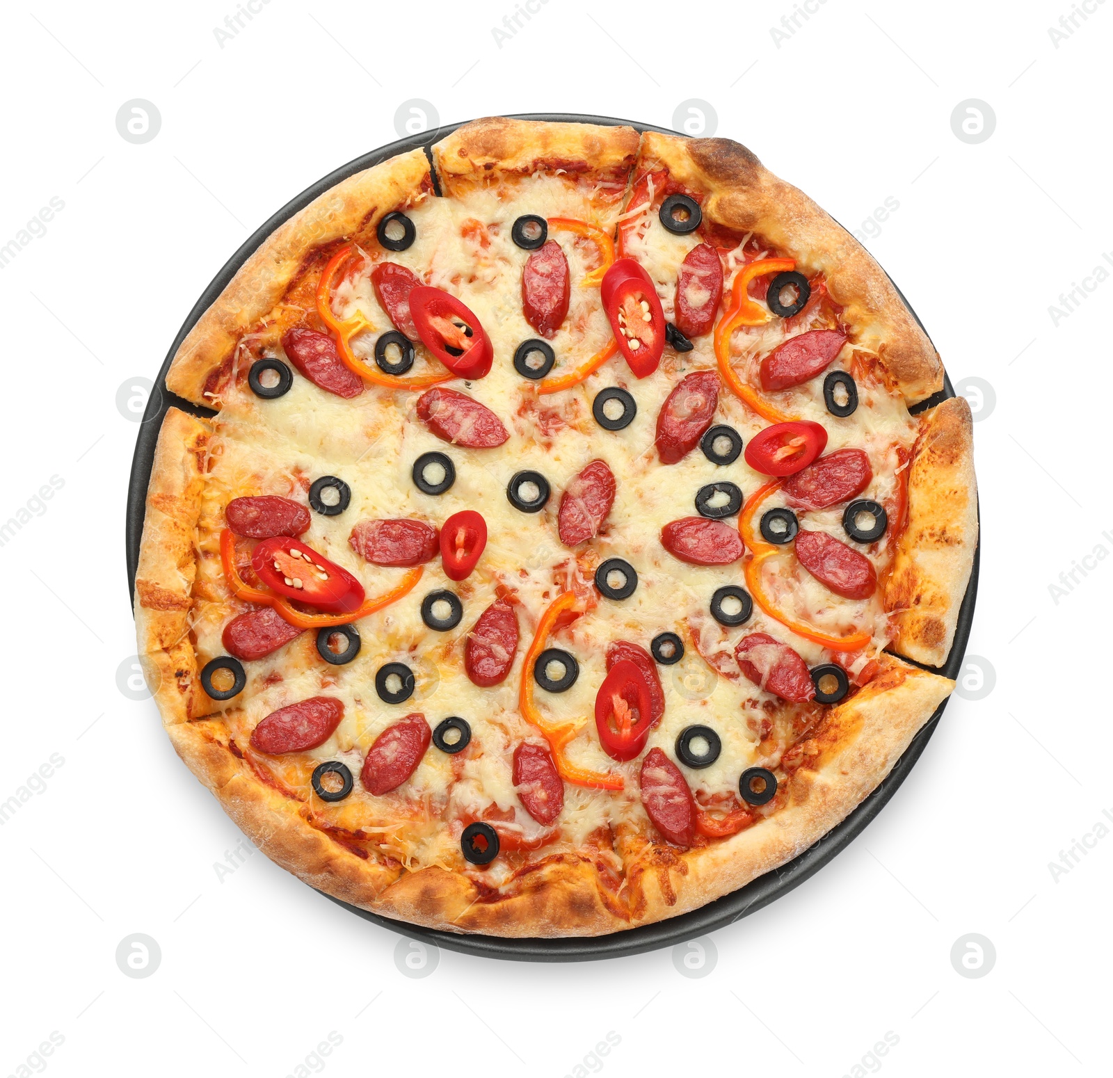 Photo of Tasty pizza with cheese, dry smoked sausages, olives and chili pepper isolated on white, top view