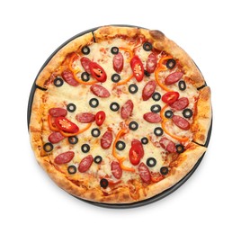 Photo of Tasty pizza with cheese, dry smoked sausages, olives and chili pepper isolated on white, top view