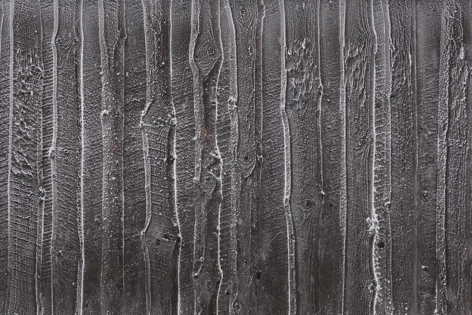 Photo of Wooden wall covered with hoarfrost on snowy day, closeup