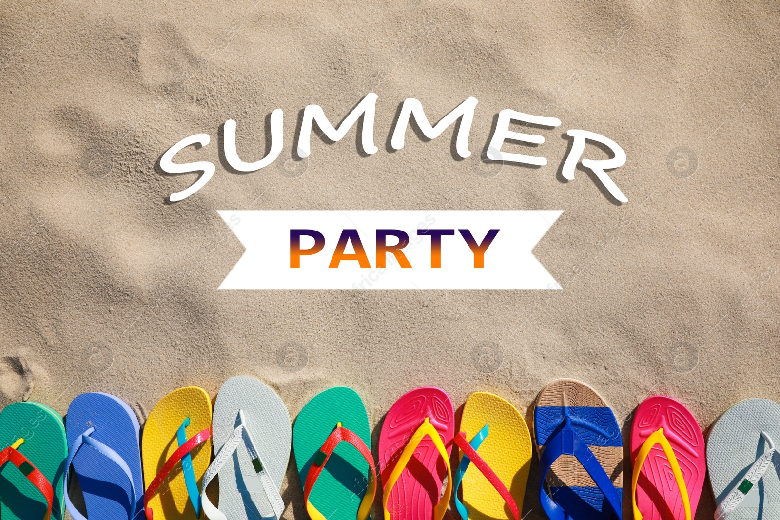 Image of Stylish flip flops on beach, flat lay. Summer Party