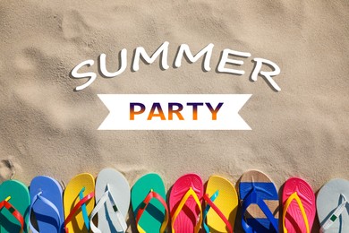 Image of Stylish flip flops on beach, flat lay. Summer Party