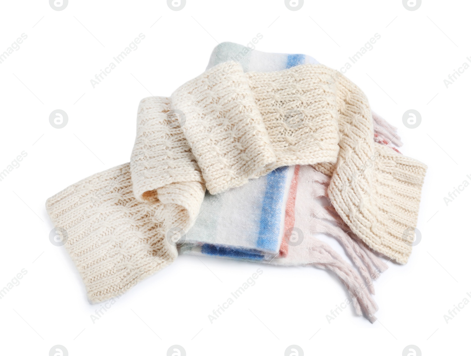 Photo of Two beautiful stylish scarfs on white background, top view
