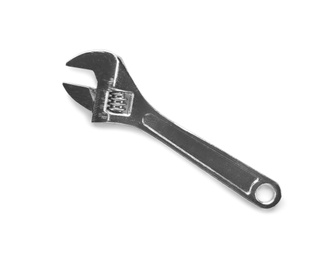 Photo of Adjustable wrench on white background, top view. Plumber tools
