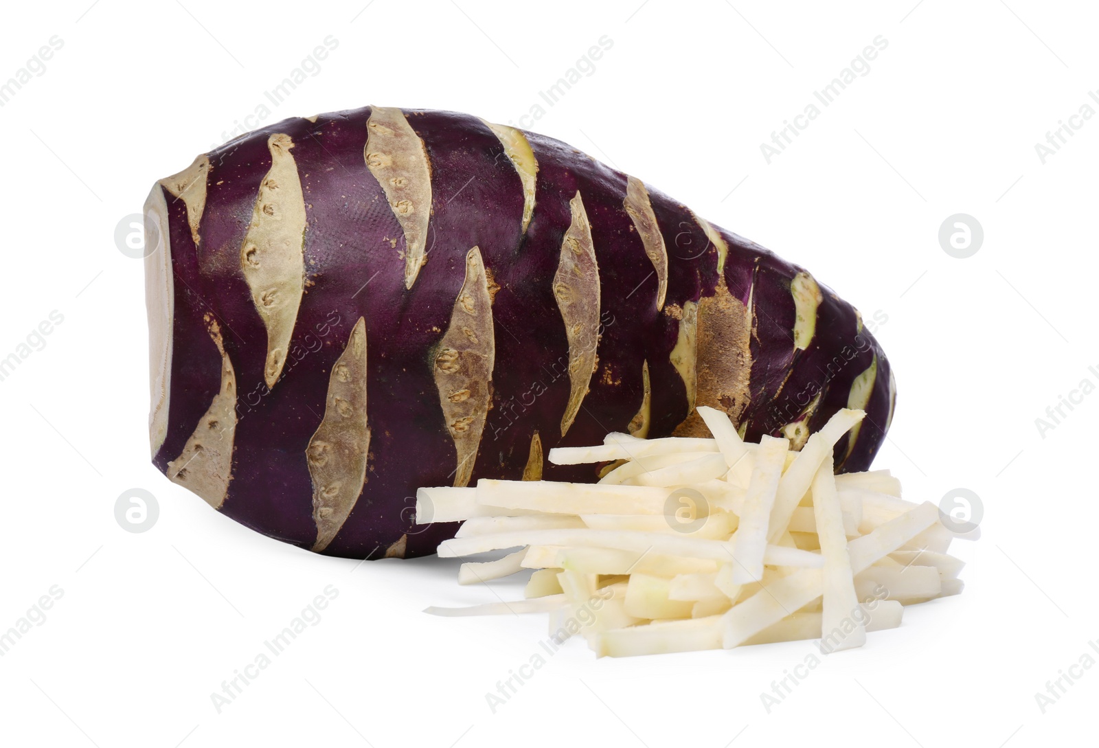 Photo of Tasty whole and chopped Kohlrabi cabbage on white background