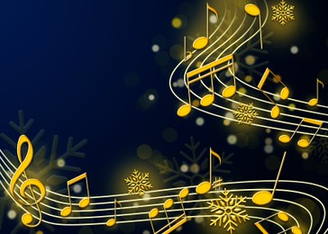 Illustration of Christmas melody. Music notes and snowflakes on blue background, space for text. Illustration design