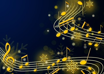 Christmas melody. Music notes and snowflakes on blue background, space for text. Illustration design