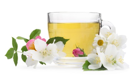 Photo of Aromatic herbal tea in glass cup and flowers isolated on white