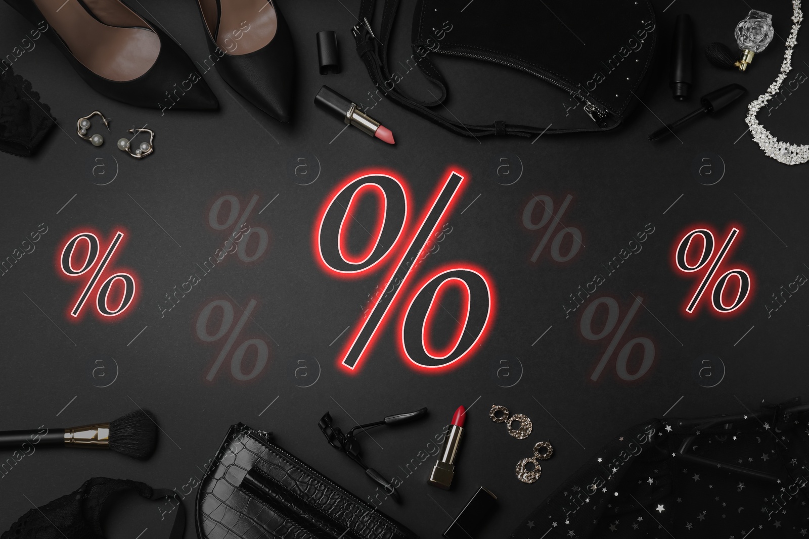 Image of Discount offer. Women's clothes, makeup products, accessories and percent signs on black background, flat lay