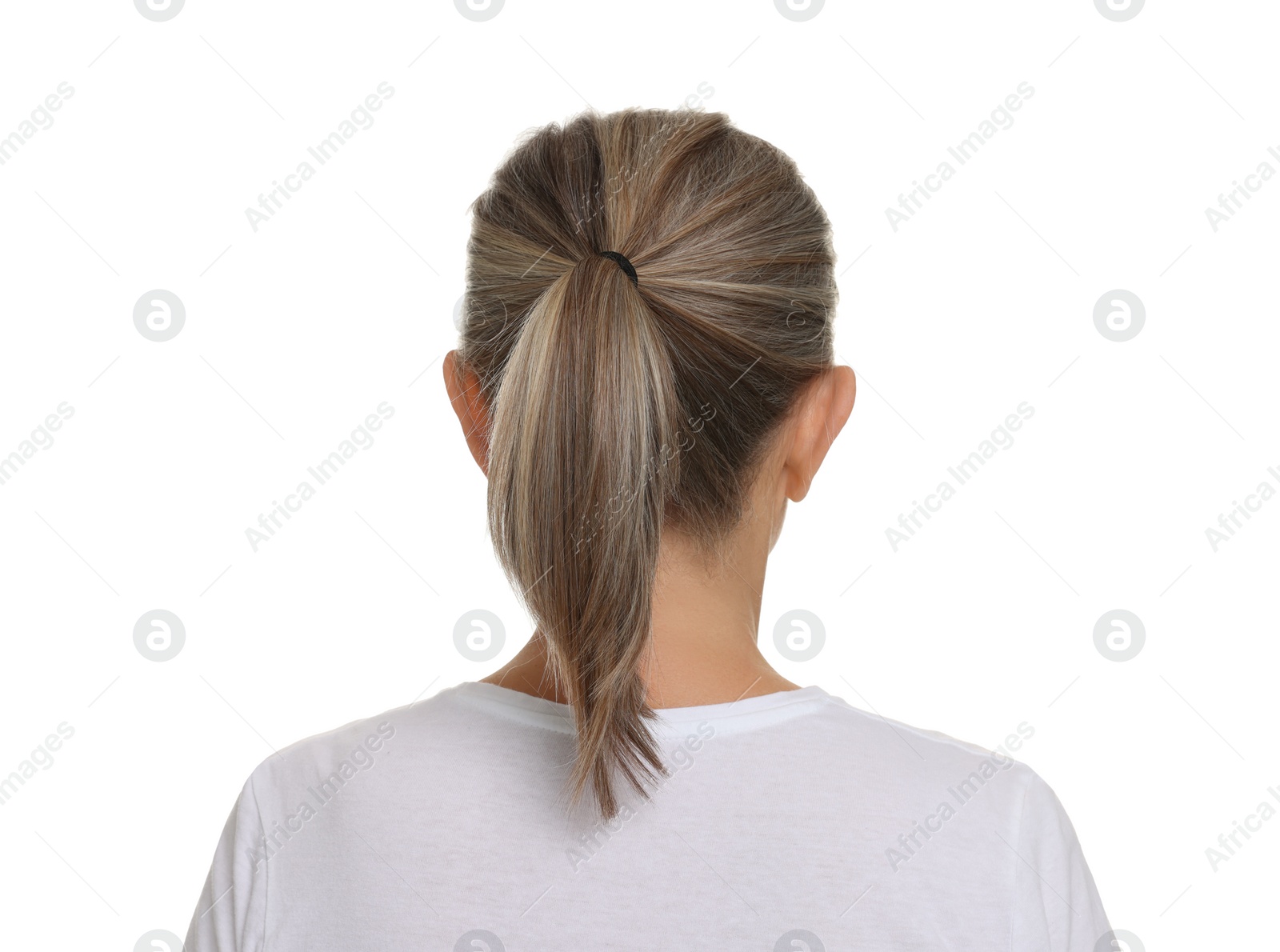 Photo of Mature woman with healthy skin on white background, back view