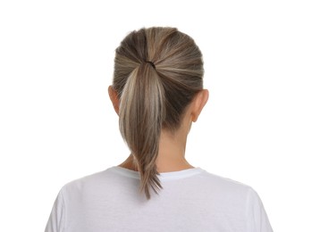 Photo of Mature woman with healthy skin on white background, back view