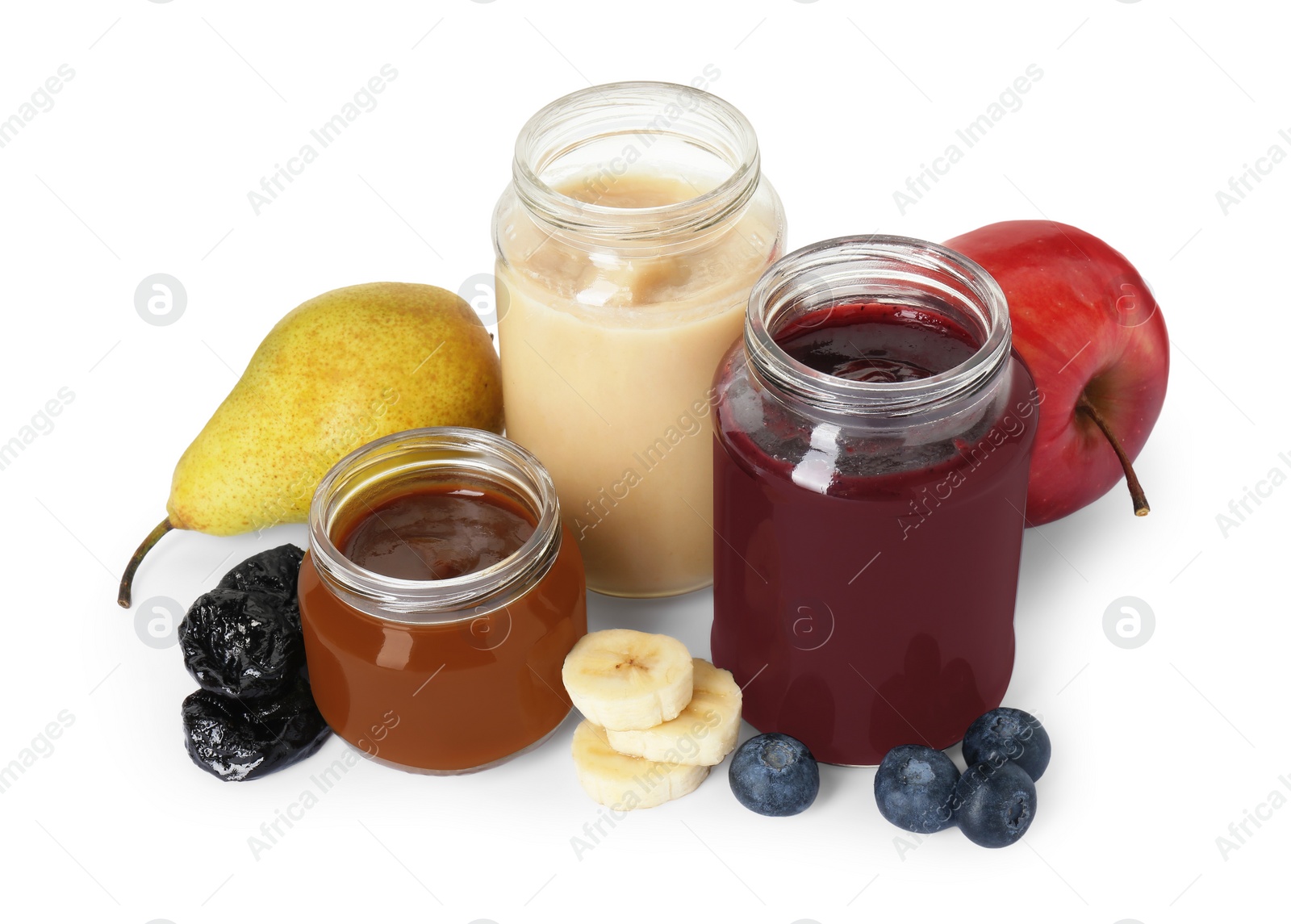 Photo of Jars with healthy baby food, blueberries, prunes and fresh fruits isolated on white