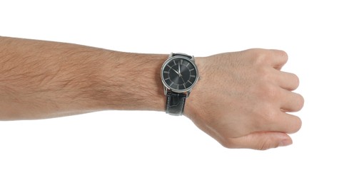 Photo of Man wearing luxury wrist watch on white background, closeup