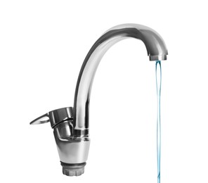Image of Water stream flowing from tap on white background