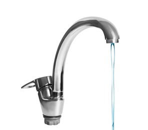 Water stream flowing from tap on white background