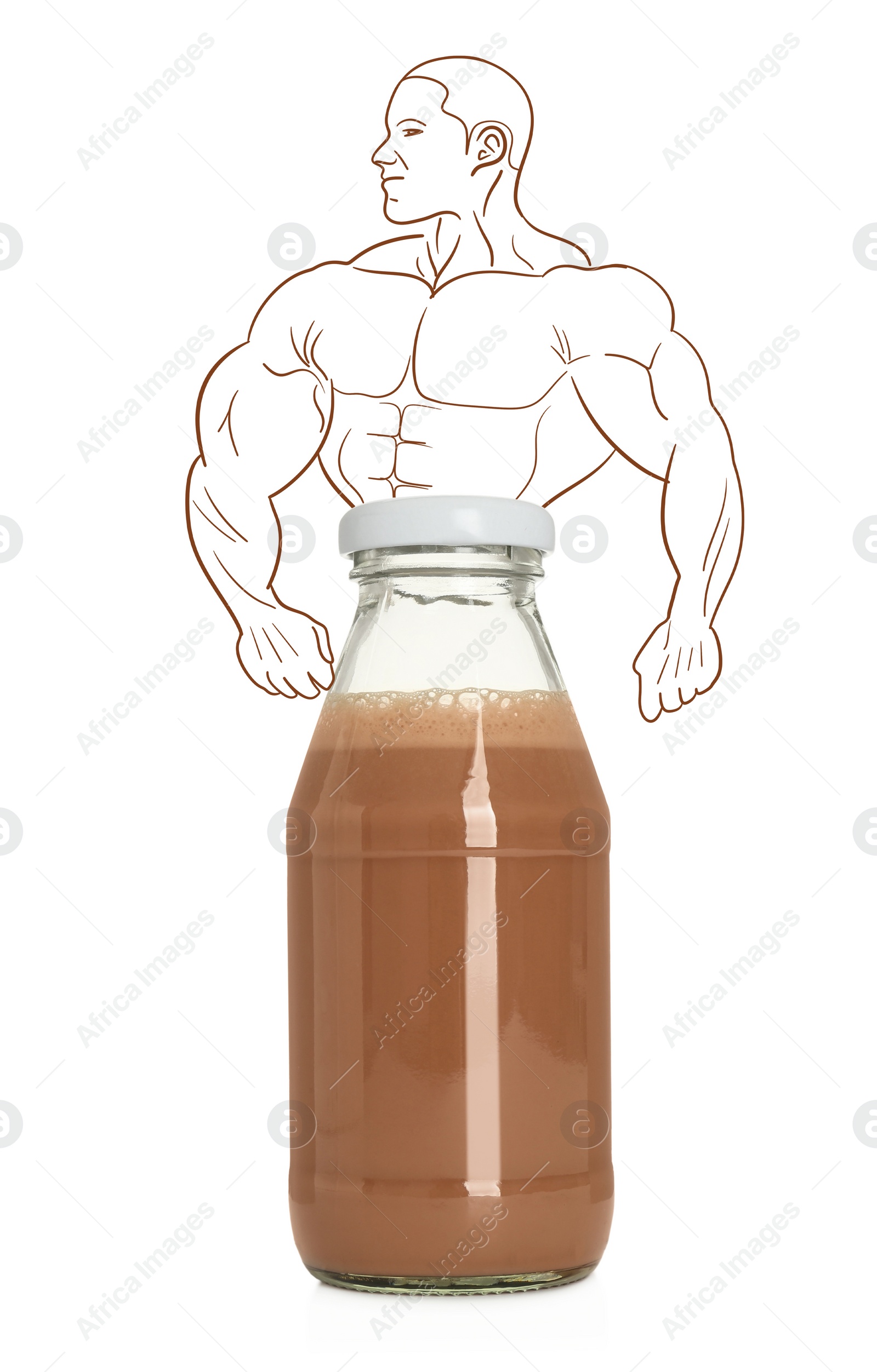 Image of Glass bottle of chocolate shake with illustration of bodybuilder on white background